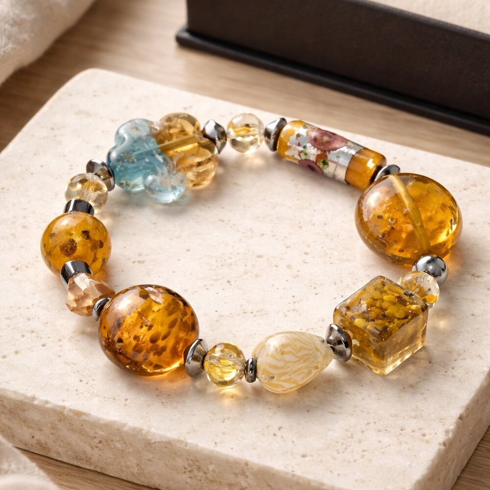 Boho Artisan Beaded Bracelet with Amber Stones and Charms -‎ New - Handcarfted